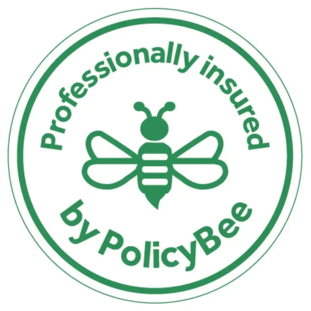 Certified professional insured badge with PolicyBee logo.