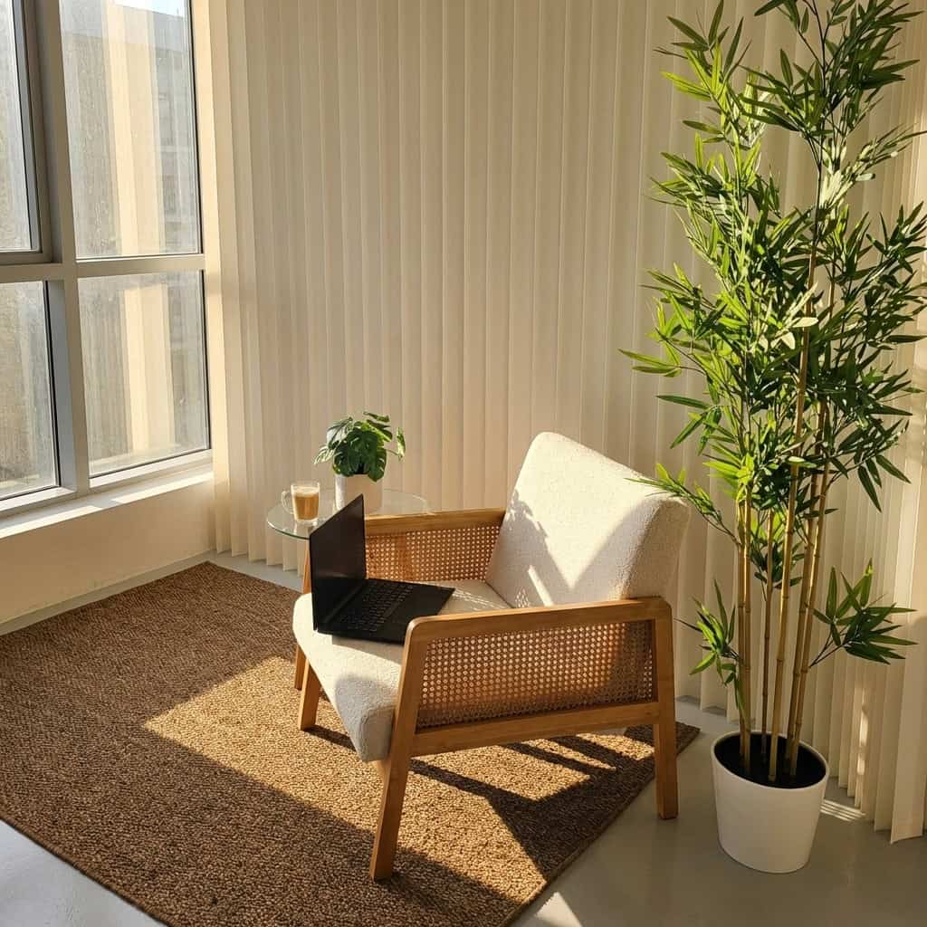 Comfortable therapy space with armchair, laptop, and sunlight.